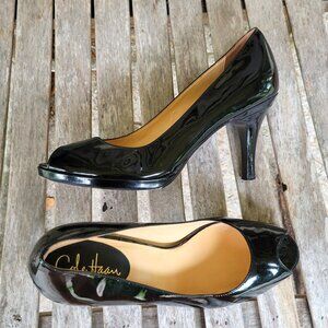 COLE HAAN Black Patent Peep Toe Pumps Heels Shoes 9.5